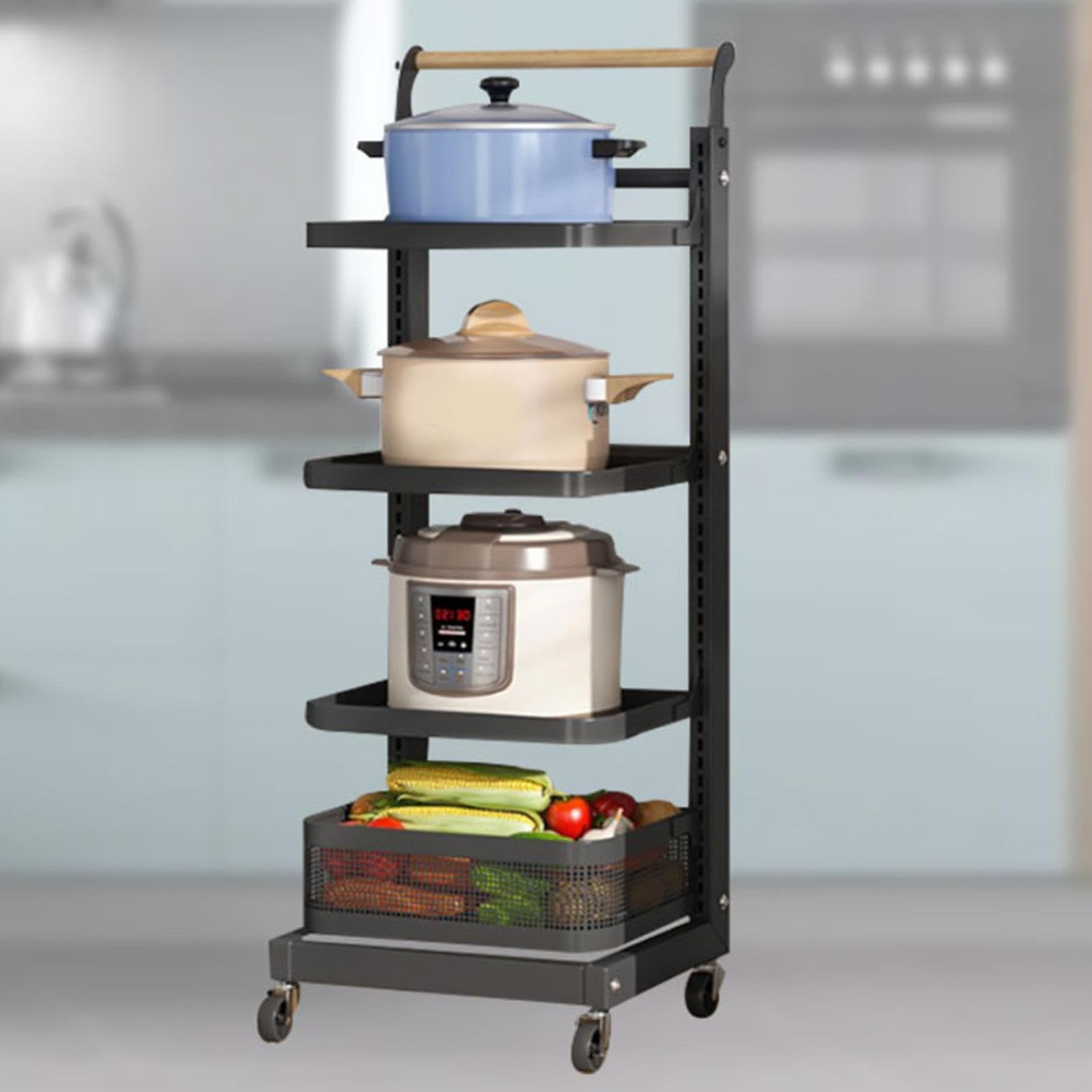 Soporte de almacenamiento para tapa de sartén y botella con estantes para ollas, color negro, 4 tablas y 1 cesta