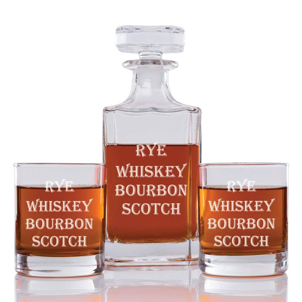 Abby Smith Rye Whiskey Bourbon Scotch Engraved Decanter and Rock Glasses, Set of 3