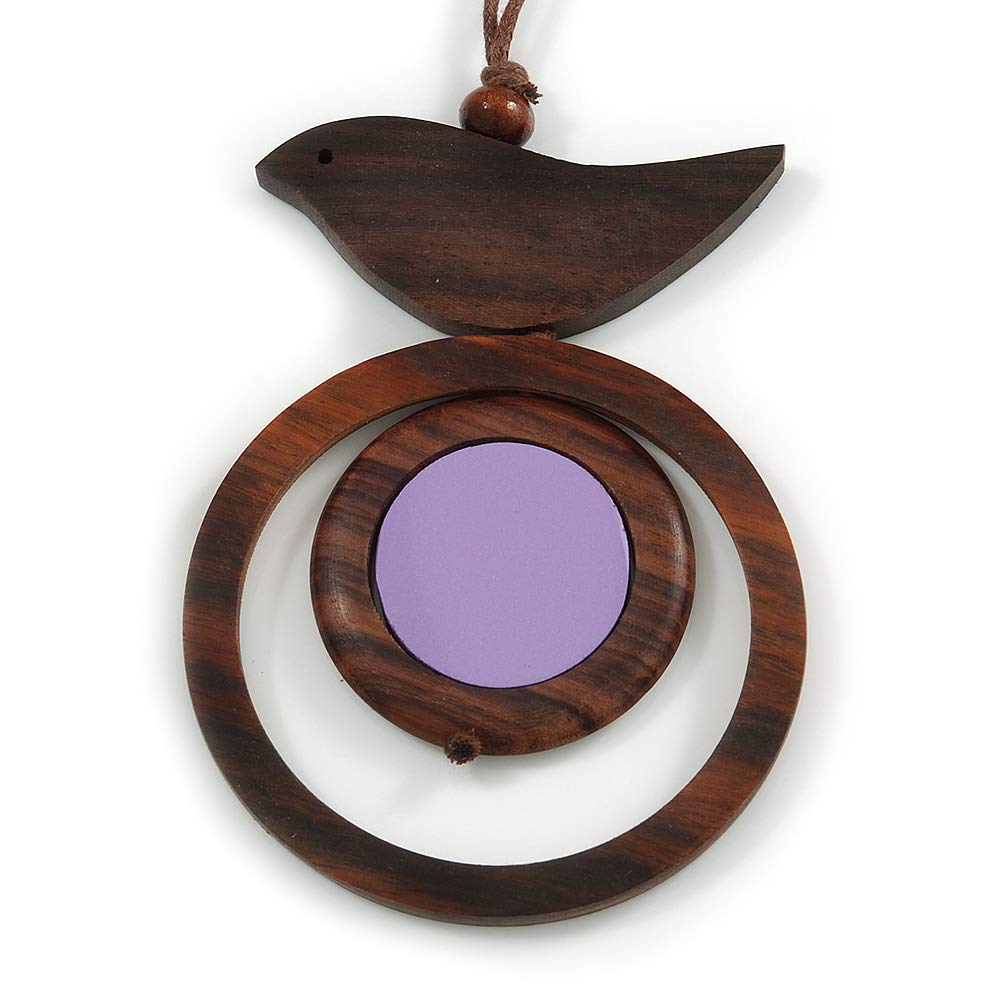 Avalaya Collana Lunga In Cotone Con Ciondolo Uccello E Cerchio – Marrone/crema, Regolabile 84 Cm, Perline In Legno
