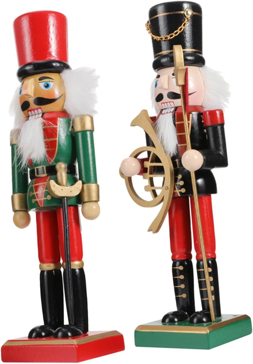 2pcs Wooden Christmas Nutcracker Figurines Decorative Xmas Nutcracker Ornaments Black and Green Painted Holiday Home Décor Set