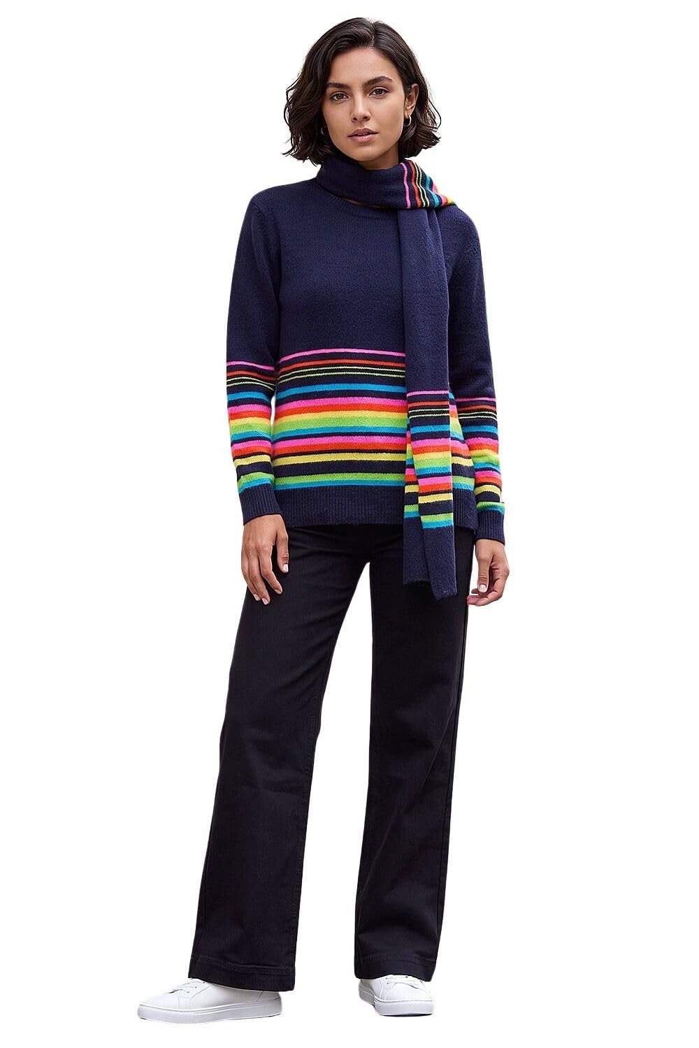 Roman Originals Women's Multi Border Stripe Scarf Knit Jumper For Uk - Everyday Autumn Winter Round Neckline Comfy Soft Evening Vacation Work Party Night Out - Size 18