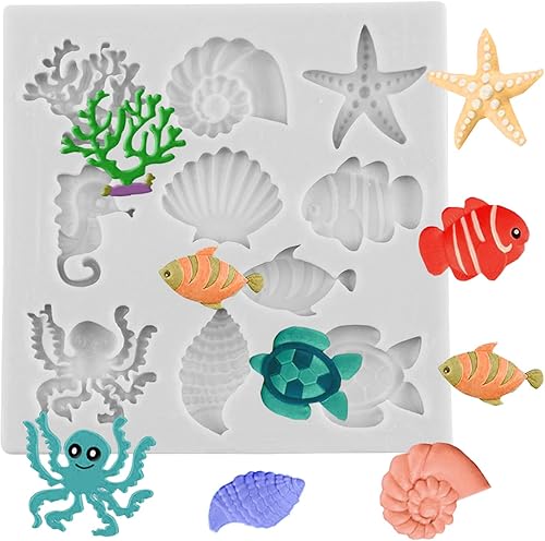 MINFEIDMS Molde de silicona para fondant con temática marina, concha, caballito de mar, estrellas de mar, tortuga, molde de silicona para decoración