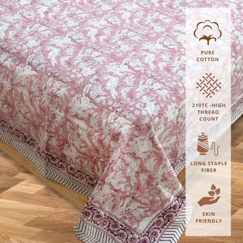 Image of TOAI Hand Block Printed Bedsheet | Bed Spread Flatsheet Bed Sheet | Pure Cotton | Queen Size 90 inchx108 inch | 210 TC Luxury Cotton | 2 Reversible Pillow Covers |Pink Bird Kalamkari