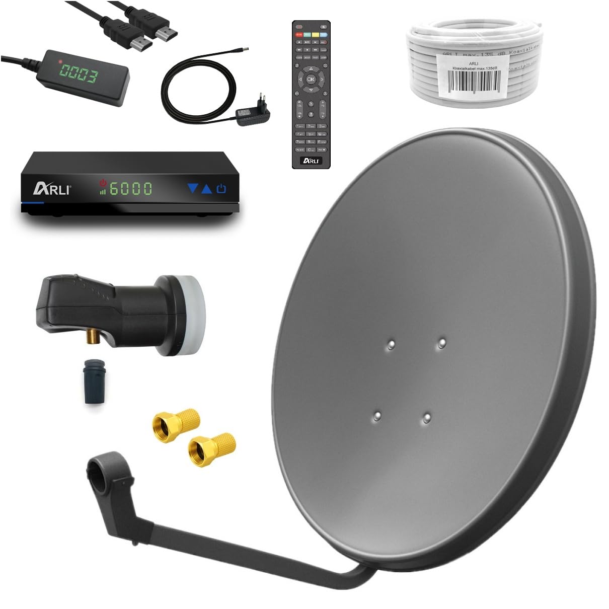 ARLI Digital Sat Anlage 60 cm Spiegel inkl. AH1 HD Receiver + Single LNB + 10 m Koax Kabel + 2 F-Stecker vergoldet Camping Antenne