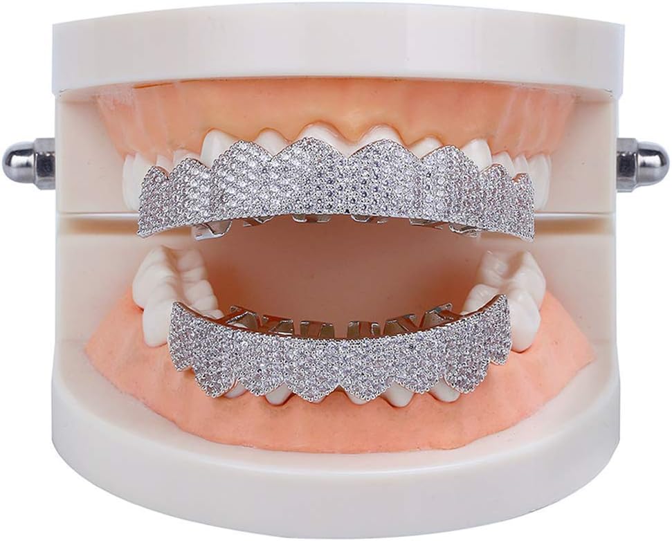 Hip Hop Unisex 18K Gold Plated Iced Out CZ Simulated Diamond Top Bottom Teeth Grillz Set for Men Women
