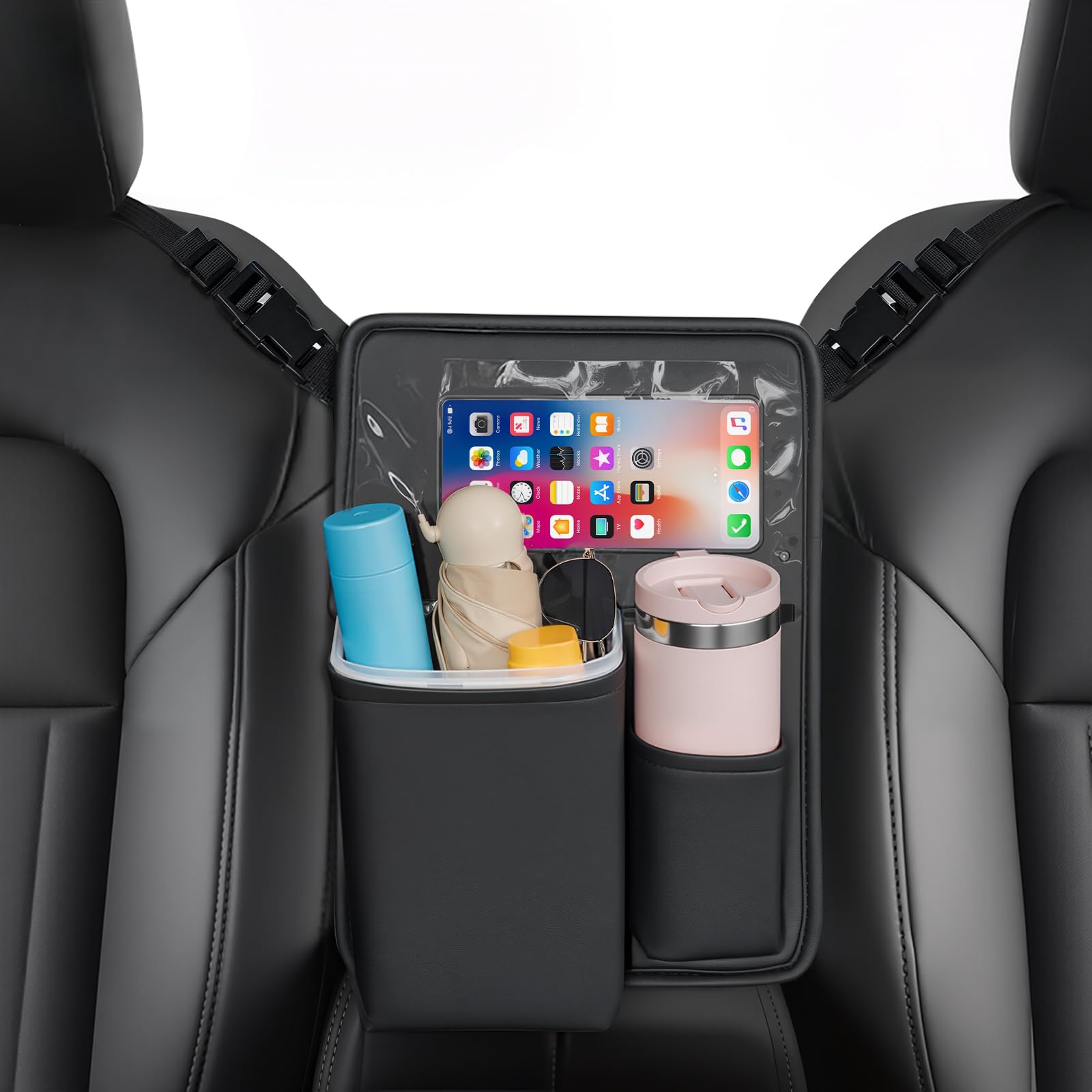 FLORICH Car Organizer Storage Between Seats, Premium Leather Car Mesh Organizer with Waterproof Cup Holder, Car Hanging Storage Bag Pocket Between