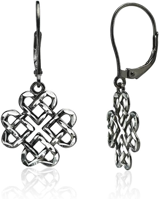 Hoops & Loops 925 Sterling Silver Diamond-cut Celtic Heart Love Knot Leverback Earrings for Women, Silver, Yellow & Rose Gold, Black