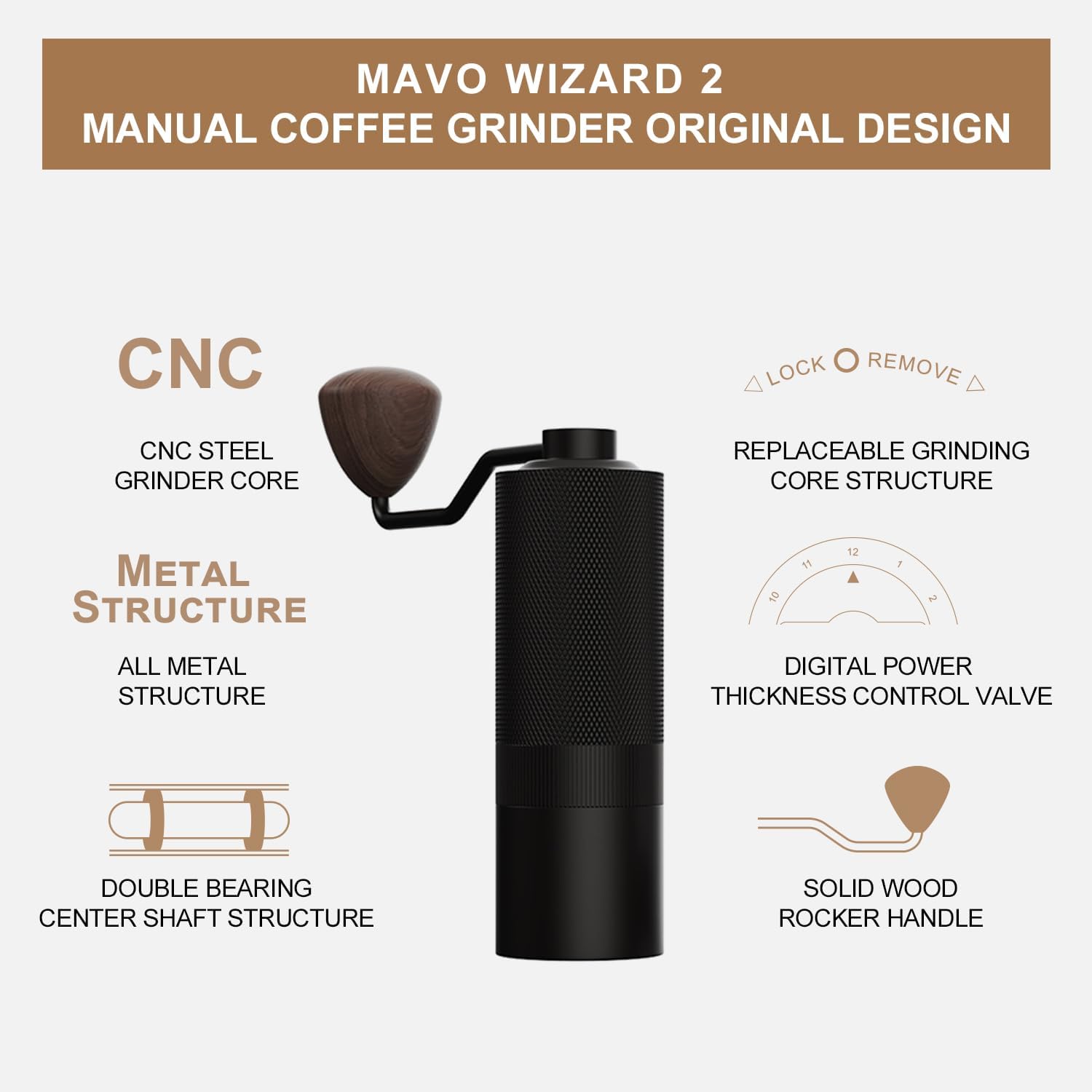 MAVO Wizard 2 Molinillo de café manual, capacidad de 0.71 oz con fresas cónicas de acero