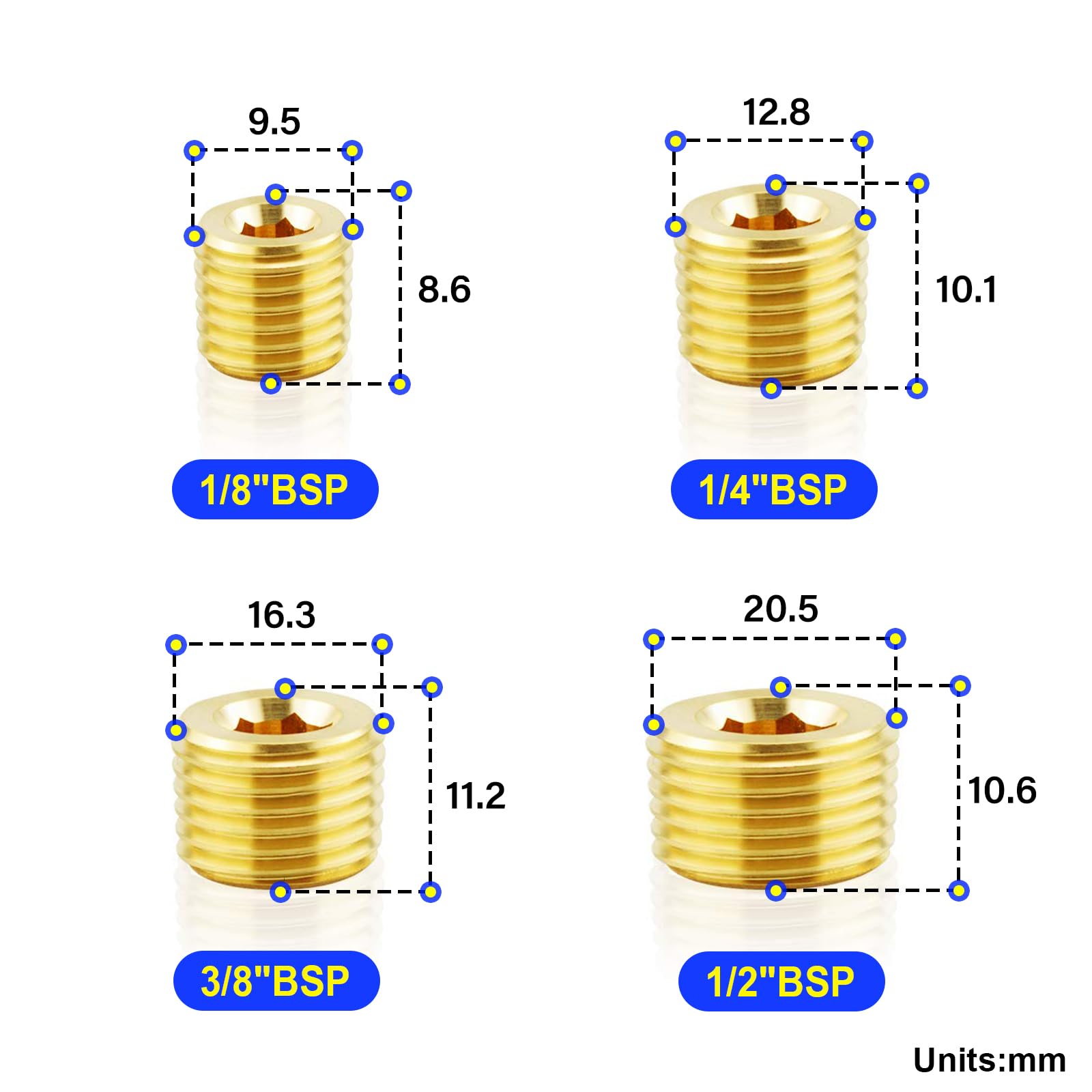 TAILONZ PNEUMATIC Brass Pipe Fitting, Hex Counter Sunk Plug, 1/8" 1/4" 3/8" 1/2" BSP Male Pipe - (Pack of 30) - Image 2
