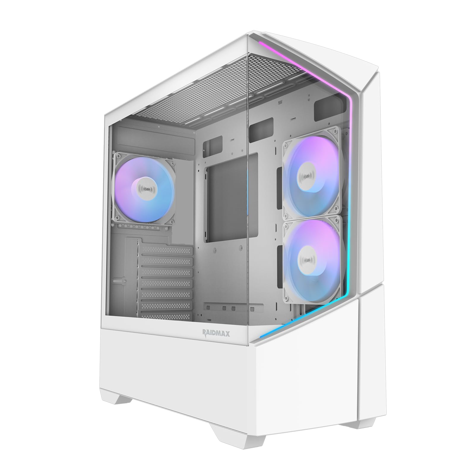 RAIDMAX i812 - Custodia per PC da gioco panoramica, innovativa vetrina in vetro temperato con pannello frontale a strisce LED ARGB, 3 ventole ARGB da 120 mm preinstallate, supporta AIO da 360 mm e GPU