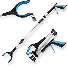 Extendable Tweezers with 36" Reach - Ergonomic Folding Tool with Magnet and 360° Rotating Head for Elderly, Household Cleaning and Waste Collection (Blue)