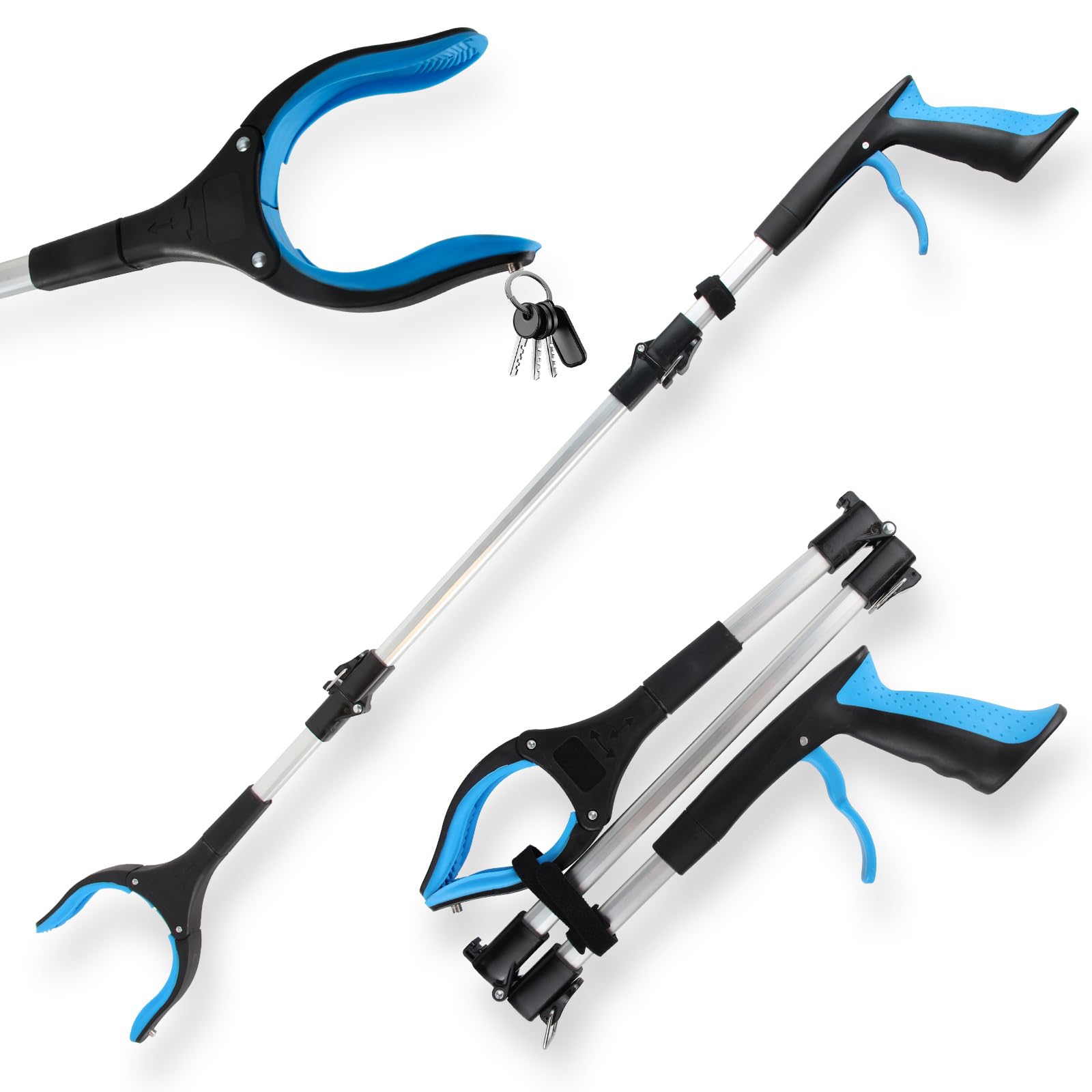 LINKINNO Faltbare Greifzange mit Magnet, Aluminium Müllzange Ergonomischer Greifer mit starkem Griff, Extra Langer Greifarm und 360° Drehkopf für Senioren(91cm, Blau)