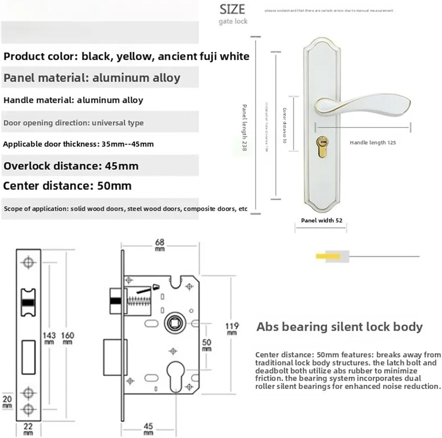 Simple Interior Bedroom Door Lock with Split Handle, Silent Operation for Household Use(Black Yellow Ancient)