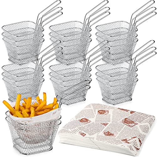 Potchen 20 Pieces Mini Square Fry Basket Stainless Steel French Fry Holder Silver Food Baskets Serving and 200 Pieces Deli Wax Paper Sheets Food 8x8 Inch Newspaper Print Sandwich Wrapping Paper