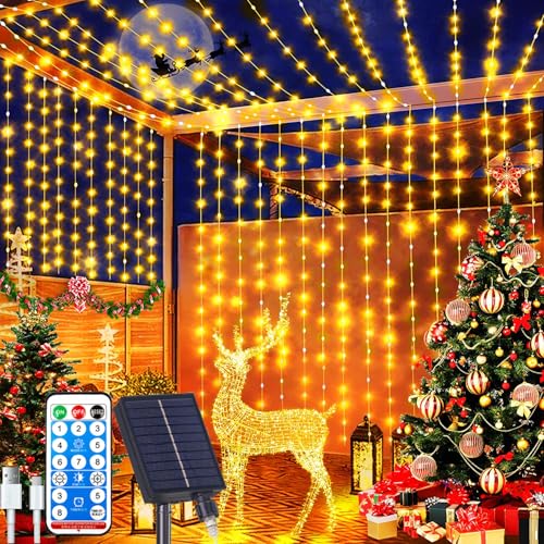 Redefun Solar Lichtervorhang Aussen 3 m x 3 m 300LED Lichterkette vorhang, 8 Modi Wasserdicht Solar Wasserfall Lichter mit Fernsteuerung,Timer für...