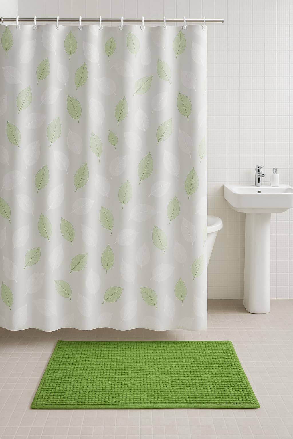 Adore Home Lime Peva Shower Curtain & Chenille Bath Mat Set Matching, Leaves