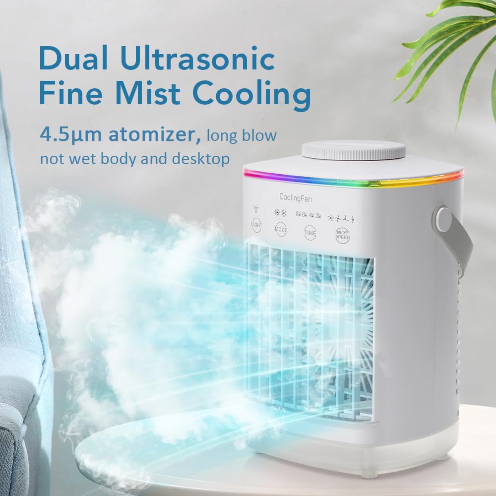 Mini Climatiseur Mobile Silencieux, 2 en 1 Mini Rafraichisseur d'air avec 4 Vitesses & 2 Brumes, 2-8H Timer, 7 LED,Petit Clim Mobile pour Chambre et Bureau(7W)