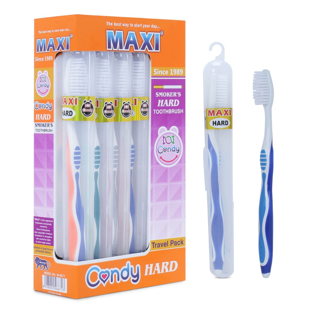 MAXI Candy Hard Bristles Toothbrush in Anti-Bacterial Container, Multicolor, Easy to carry (Pack of 12) (B09CZ7BQRS) Amazon Price History, Amazon Price Tracker