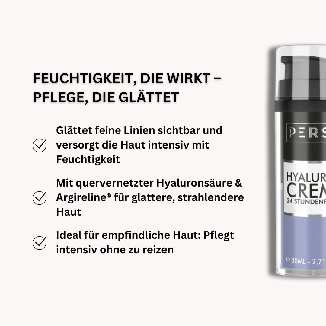 PERSH Hyaluron Creme 80ml - Feuchtigkeitsspendende Anti-Aging Creme | Hyaluronsäure für frische, glatte Haut | Pflege für Gesicht, Augen, Hals & Dekolleté | Vegan