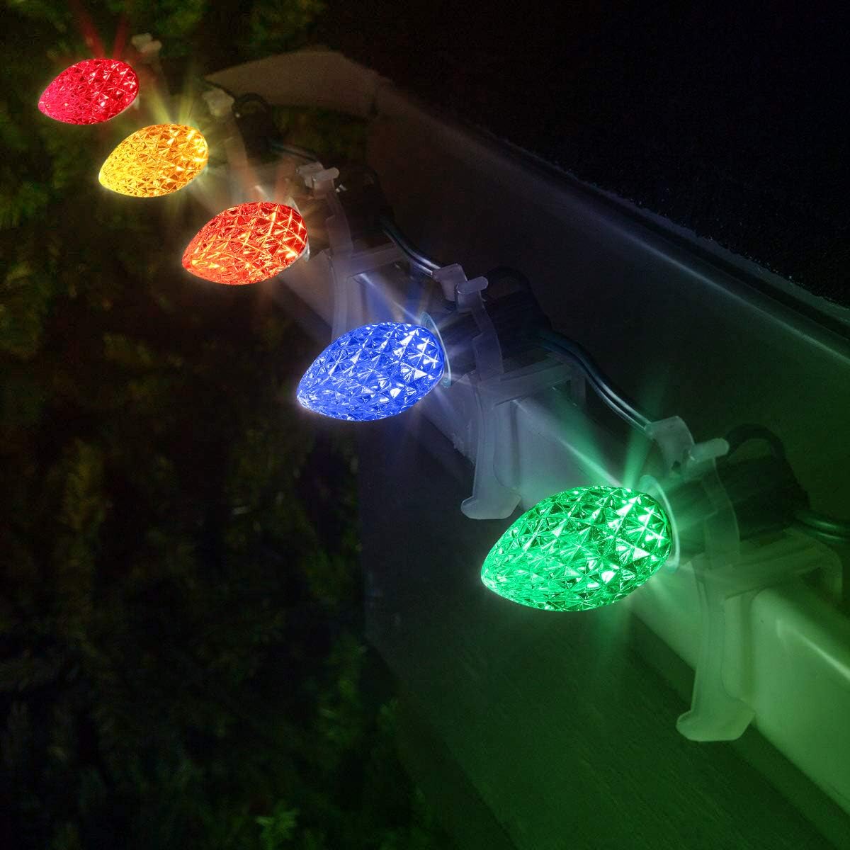 25 Pack C7 Multi Colored LED Replacement Christmas Light Faceted Bulbs, 0.72W, 2 SMD LEDs in Each Light Bulb, E12 Base, Commercial Grade Replacement Bulbs Dimmable Waterproof