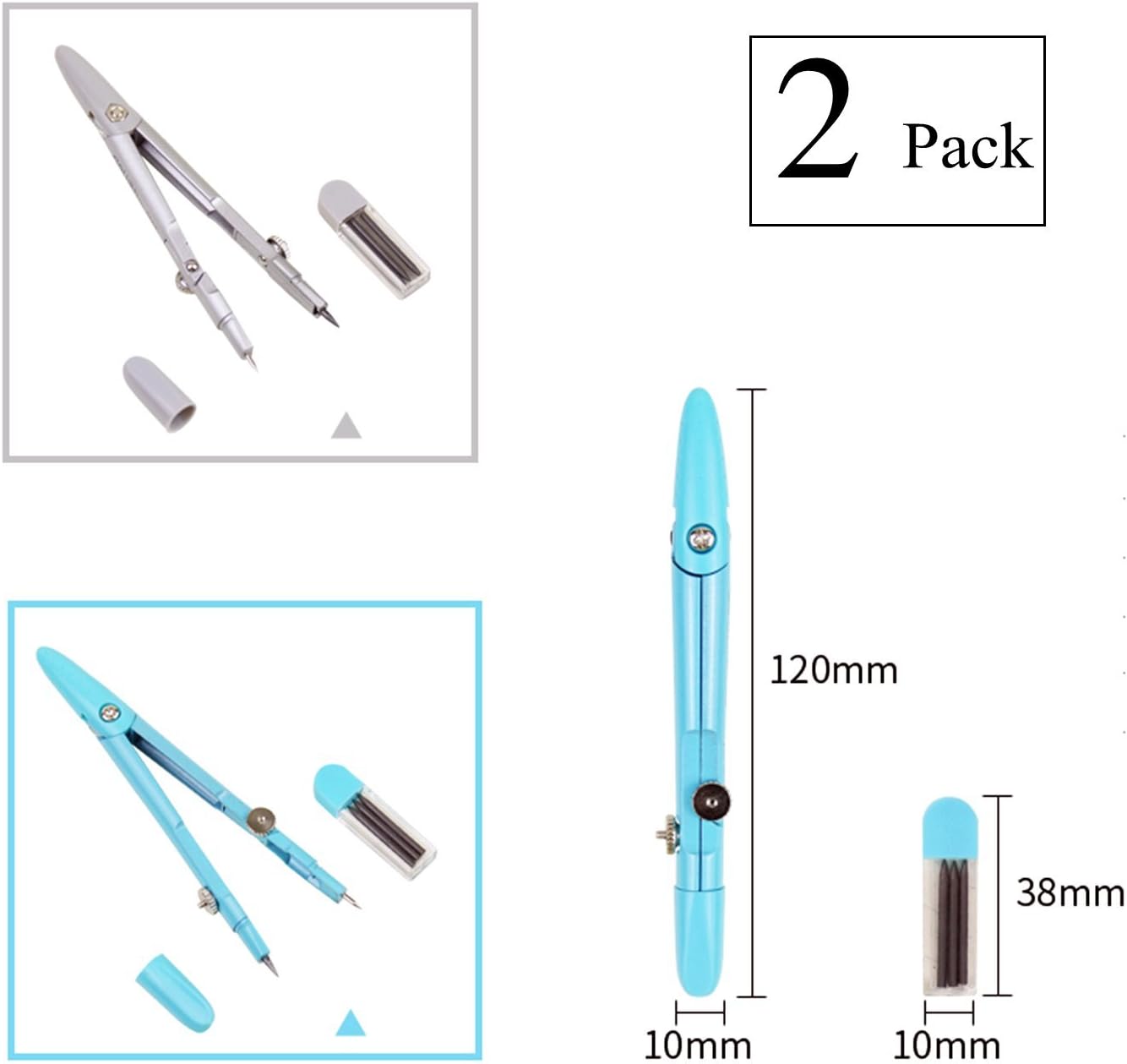 2 Pack Metal Drawing Compass Math Geometry Tools Vitality Color Compass Set for Student Geometry Precision Tool Circles for Drawing,Drafting,Math
