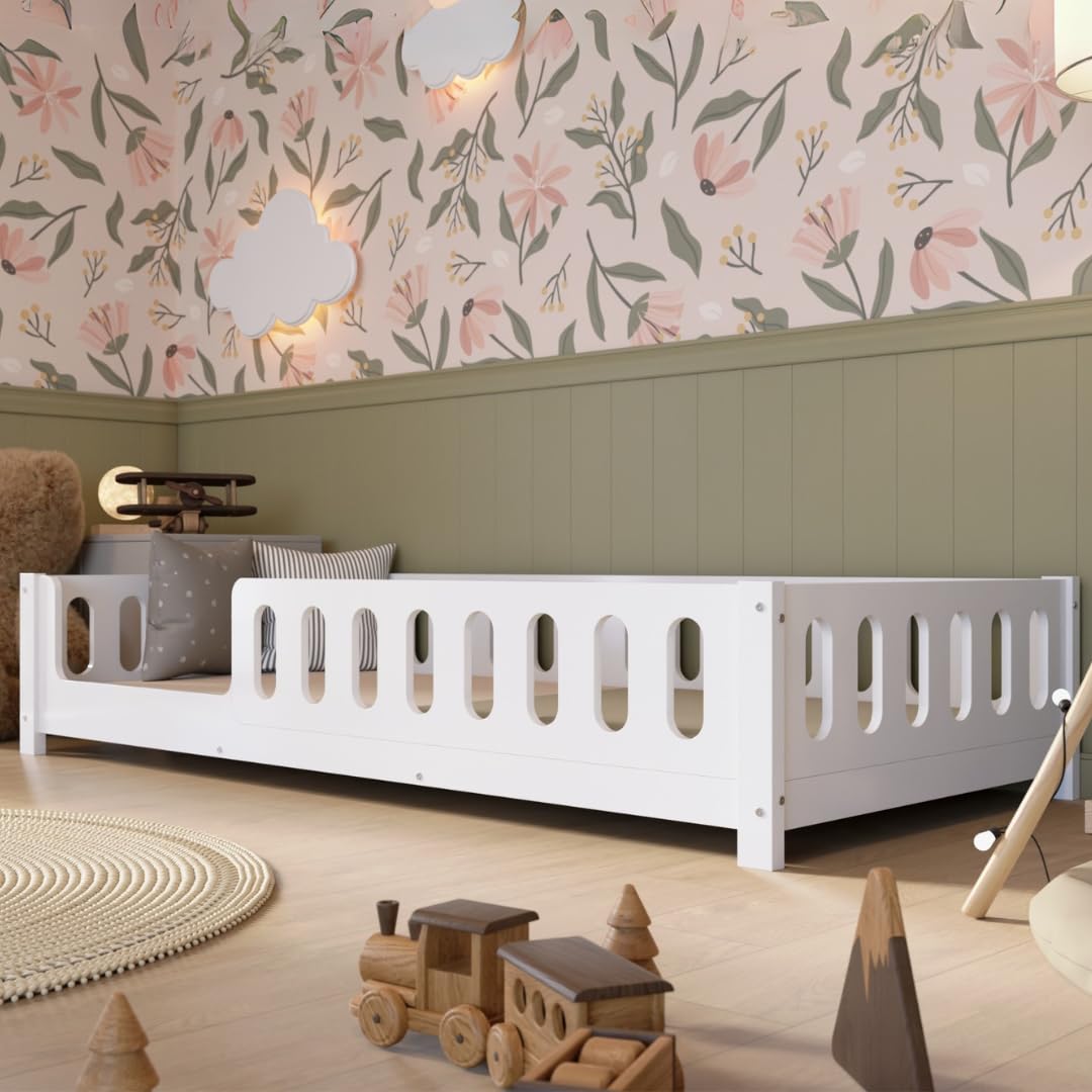Letto per Bambini 160x80 cm – Letto Montessori a Pavimento Bianco con Barriera in MDF – Sicuro per Bambini Piccoli con Bordi Arrotondati – Ingresso a Sinistra – Crazy Ethan