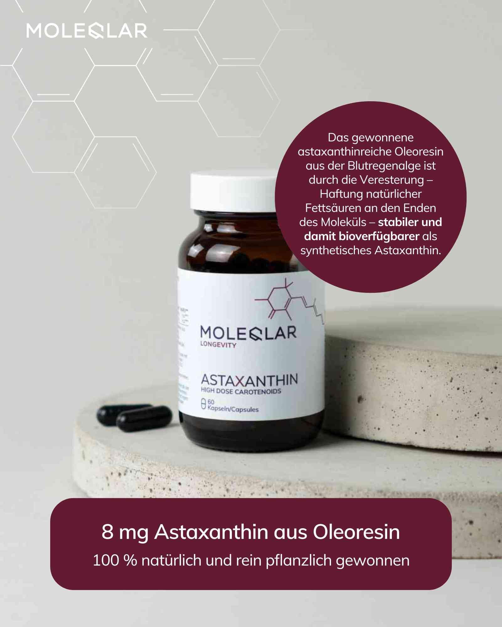 MoleQlar Astaxanthin Kapseln 60 Stück - 8 mg Astaxanthin aus Oleoresin - Markenrohstoff ASTAFIT - Nachhaltig Gewonnen aus Haematococcus Pluvialis - Nahrungsergänzungsmittel