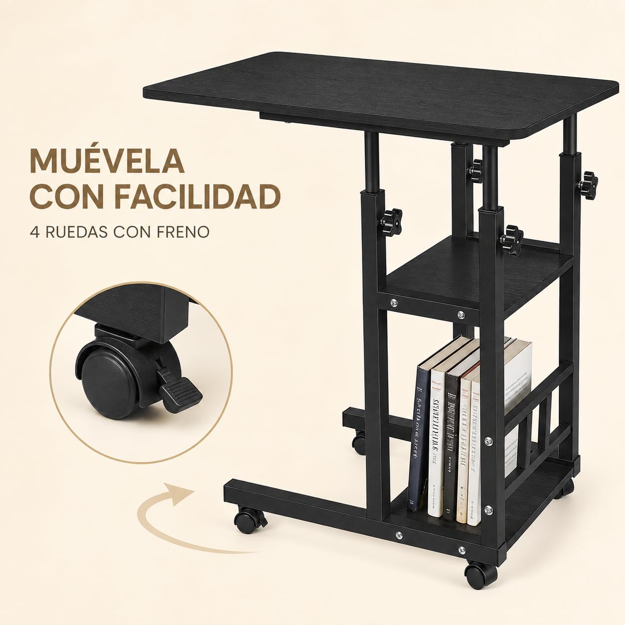 Mesa Auxiliar con Ruedas y Estantes - Escritorio Regulable en Altura 60 x 40 cm - Mesa para Ordenador Portátil, Sofá y Cama con Almacenamiento