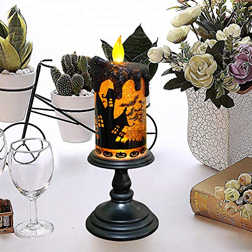 Image of Halloween Flameless Candle Snow Globe Battery Operated with 6 Hour Timer, Yellow Light Bat Decal Water Tornado Lamp LED Candlestick Halloween Season Decor Gift 4 x 10 Inches