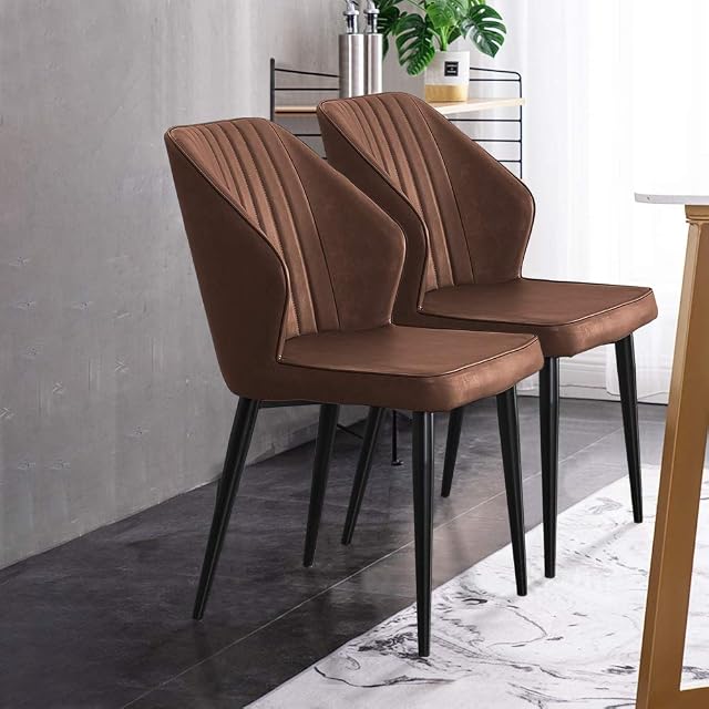 CLIPOP Dining Chairs Set of 2 Retro Brown Faux Leather Upholstered Kitchen Chairs with Backrests and Metal Legs, Lounge Leisure Chairs for Living Room Kitchen Office