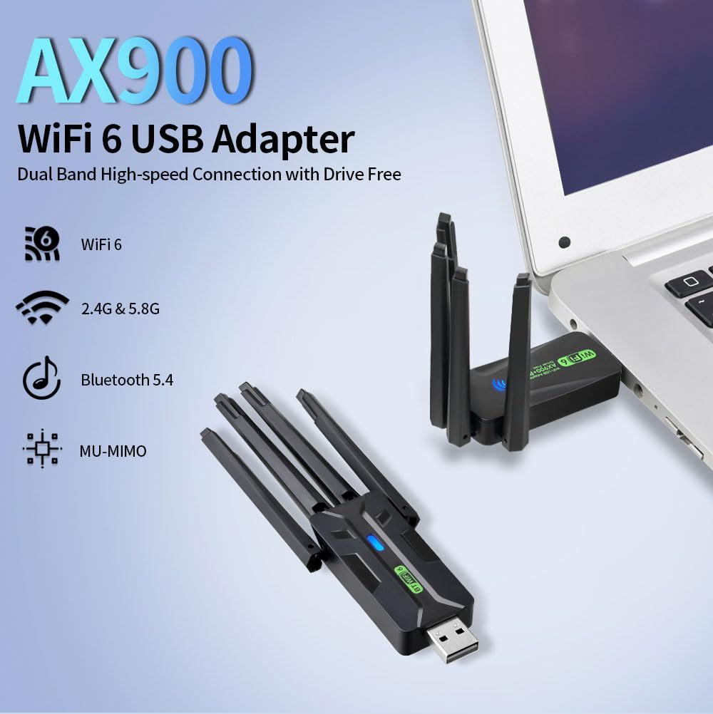 Adapter WiFi 6 Bluetooth 5.4 2in1 Dual Band 2,4/5G AX900Mbps Mini USB Senza Driver per PC Laptop