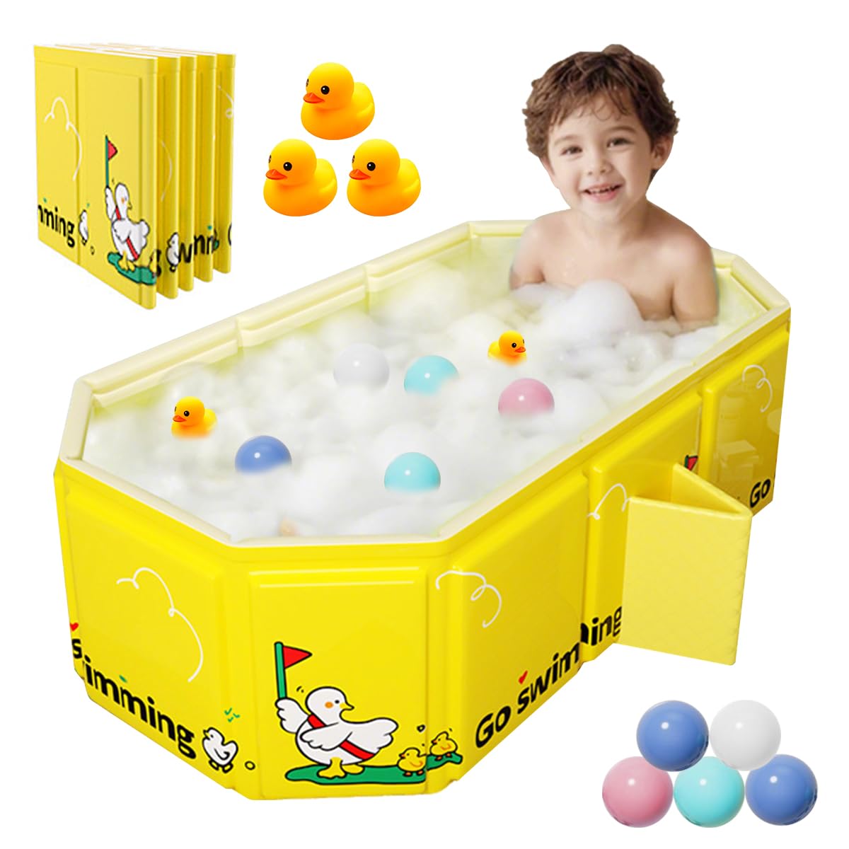 Bañera plegable para Niños, Bañera Grande para Niños Pequeños,Bañera Portátil con Juguetes para Niños,Trae 5 pelotas oceánicas y 2 patitos de goma gigantes (Amarillo)