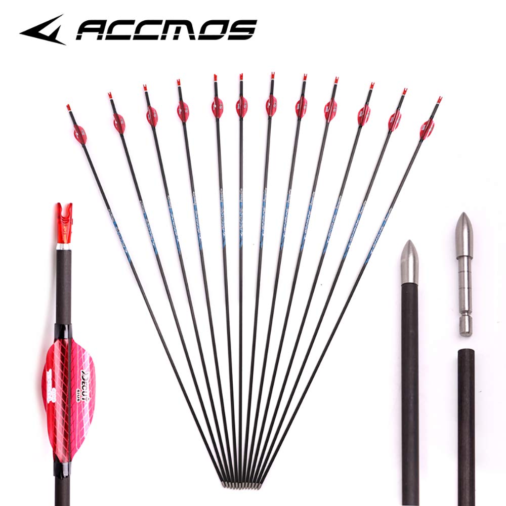 ACCMOS 12pcs 30＂Targeting Frecce ID 4,2 mm Spine 600 Freccia in Puro Carbonio, per Caccia al Tiro con L'Arco e Pratica di Tiro (Spine 600, 30 inch)