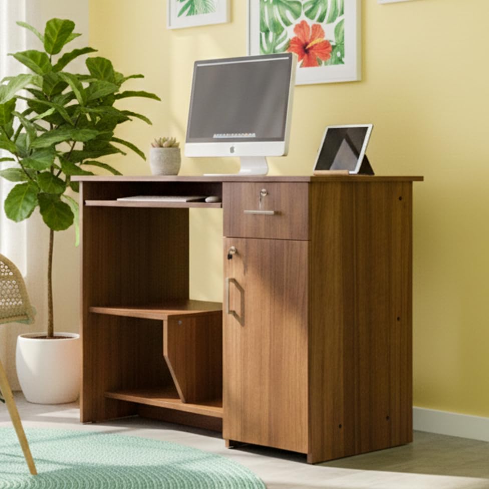 Image of NEUDOT Relish Engineered Wood Study Table | Laptop Desk with Drawer & Open Storage Shelves | Study & Office Table for Home | Compact Work from Home Writing Desk