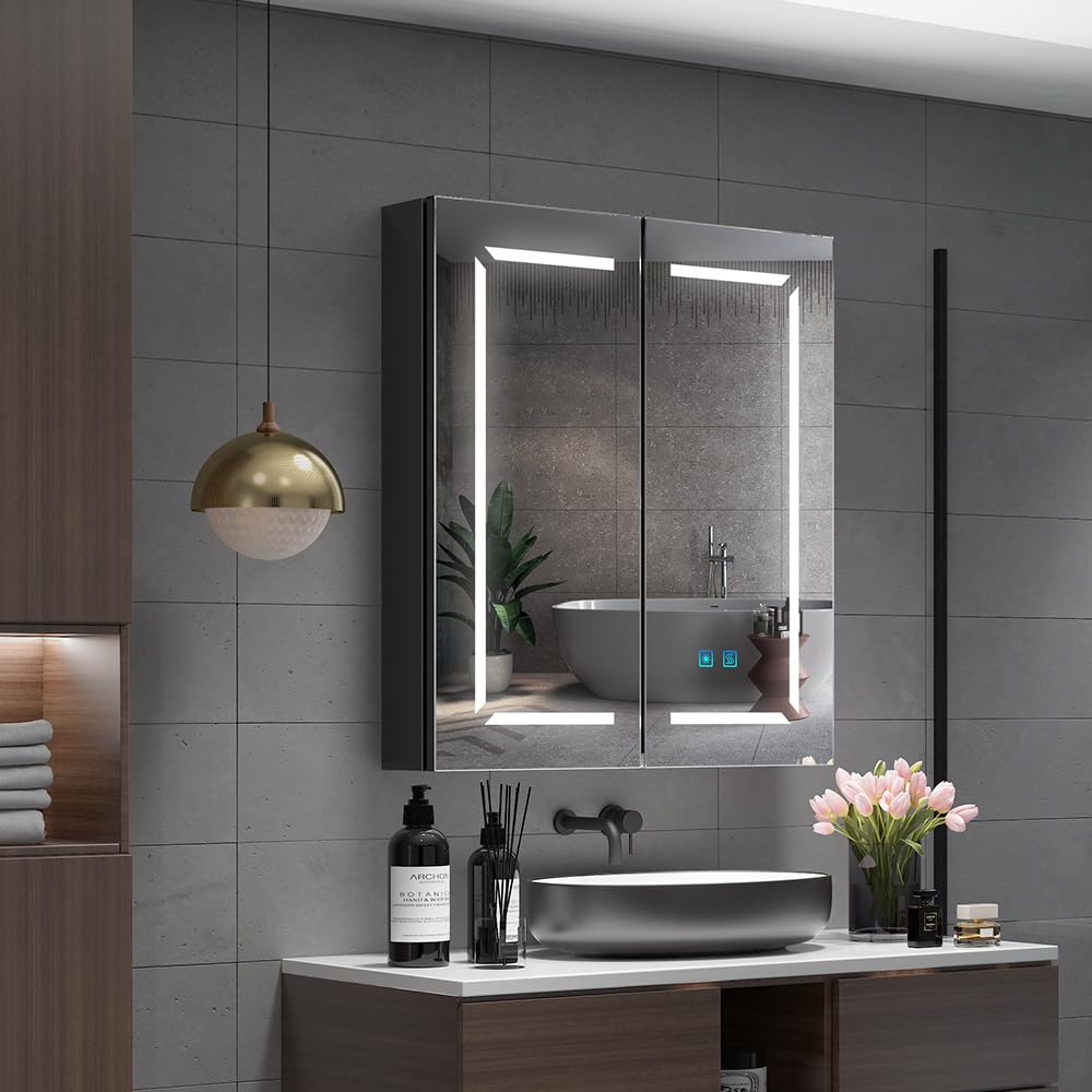 Quavikey® czarna szafka łazienkowa podświetlana LED 60x70cm naścienna, z 2 przyciemnianymi lustrzanymi drzwiami, przeciwmgielną, gniazdkiem na golarkę