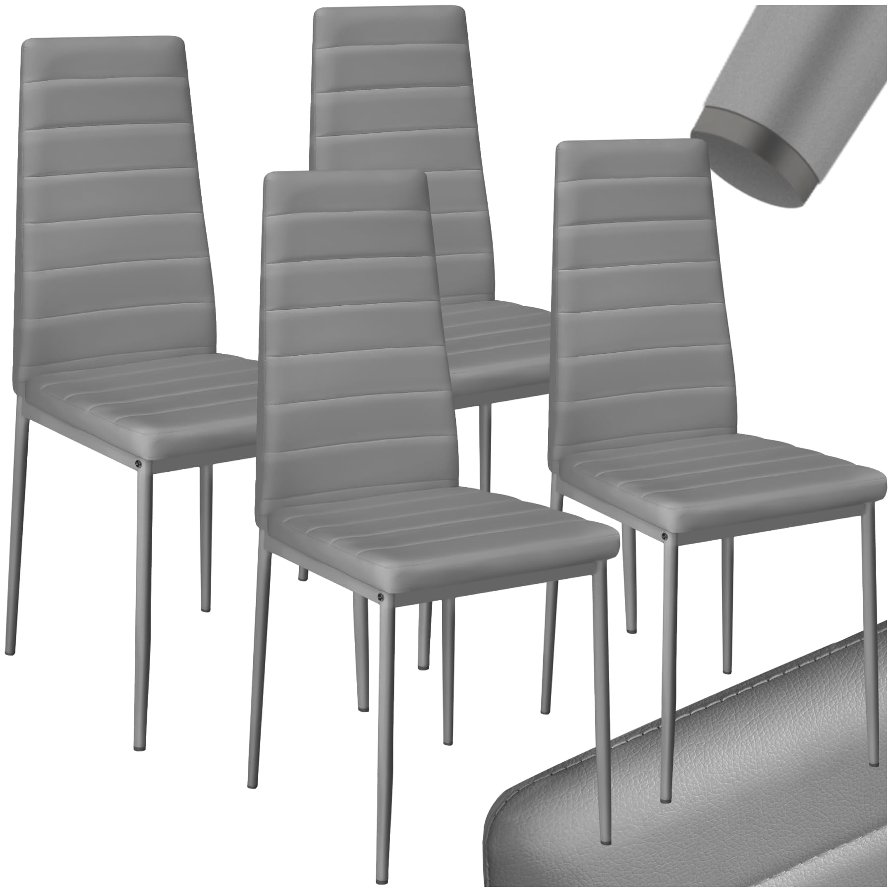 tectake® Set of 4 Dining Chairs in Modern Design with Faux Leather Covers, Dining Chair Set with Slim Steel Legs, Soft Padding & High Backrests, Ideal as Kitchen & Desk Chairs - Grey