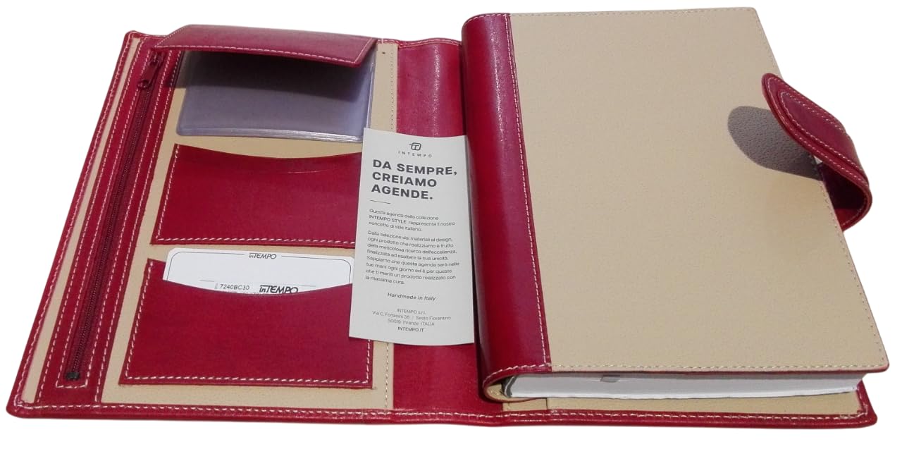 Agenda Intempo 2025-12 Mesi Giornaliera Bussines Class in Vera Pelle Rossa 15 x 21 cm per uso quotidiano, ufficio, viaggio - Interno intercambiabile
