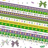 12 Yards Mardi Gras Ribbons Fleur de Lis Ribbons Diamond Decorative Grosgrain Ribbons Green Purple Yellow White Star 3/8' Ribbons for Gift Wrapping Crafts New Orleans Masquerade Party