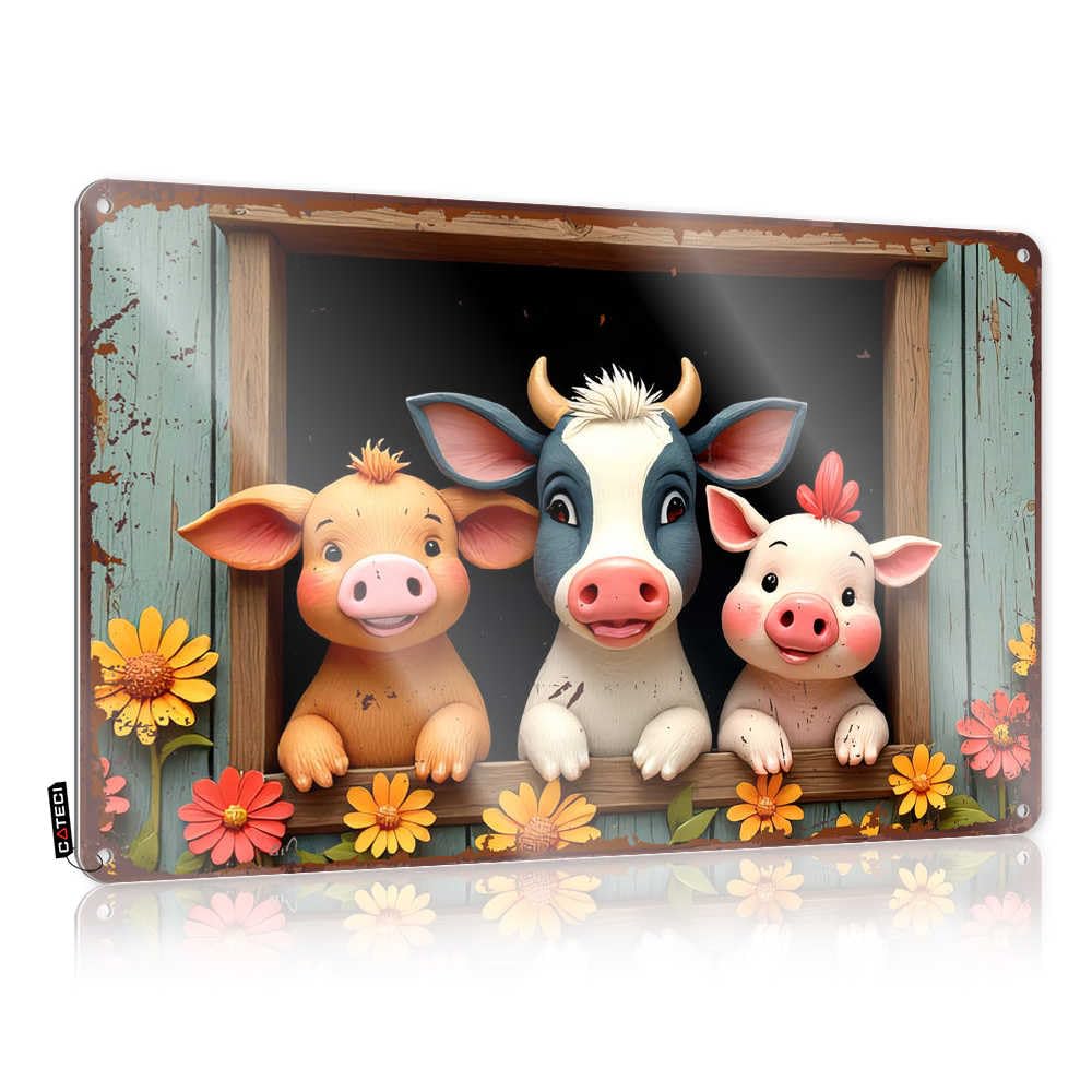 IBWNBBUSN Outdoor Bar Signs Three Cute Farm Animals Peeking Out Of A Barn Window With Colorfu Tin Sign Tin Metal Sign Sports Bar Decor(30X40CM)