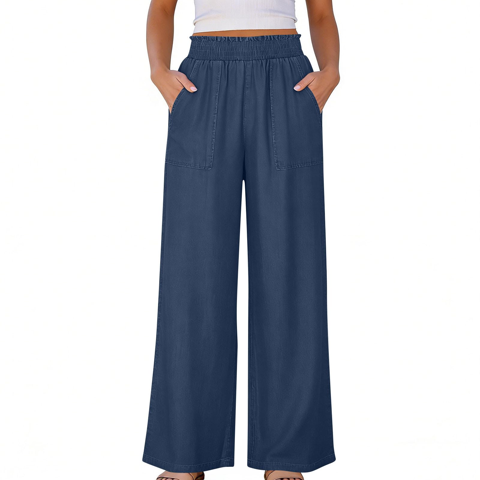 Generic Jeans for Women Wide Leg Loose Palazzo Pants with Pockets Elastic High Waisted Baggy Denim Pants Trendy Resort Wear
