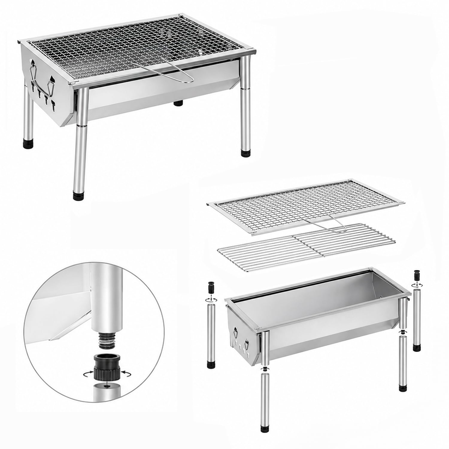 Barbecue A Carbone Portatile In Acciaio Inox Con Griglia Smontabile Gambe Regolabili Design Salvaspazio Per Campeggio Picnic Giardino Outdoor 40 X 28 X 21.5 Cm Acciaio