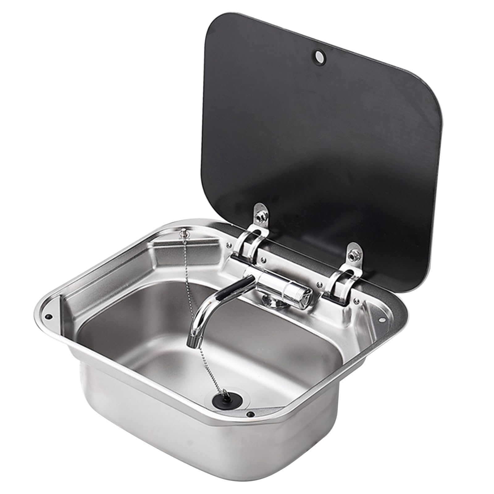 HYSOPSPX Stainless Steel Drop-in Sink with Folded Faucet and Tempered Glass Lid for RV Camper Van Kitchen Bar Hand Wash Basin