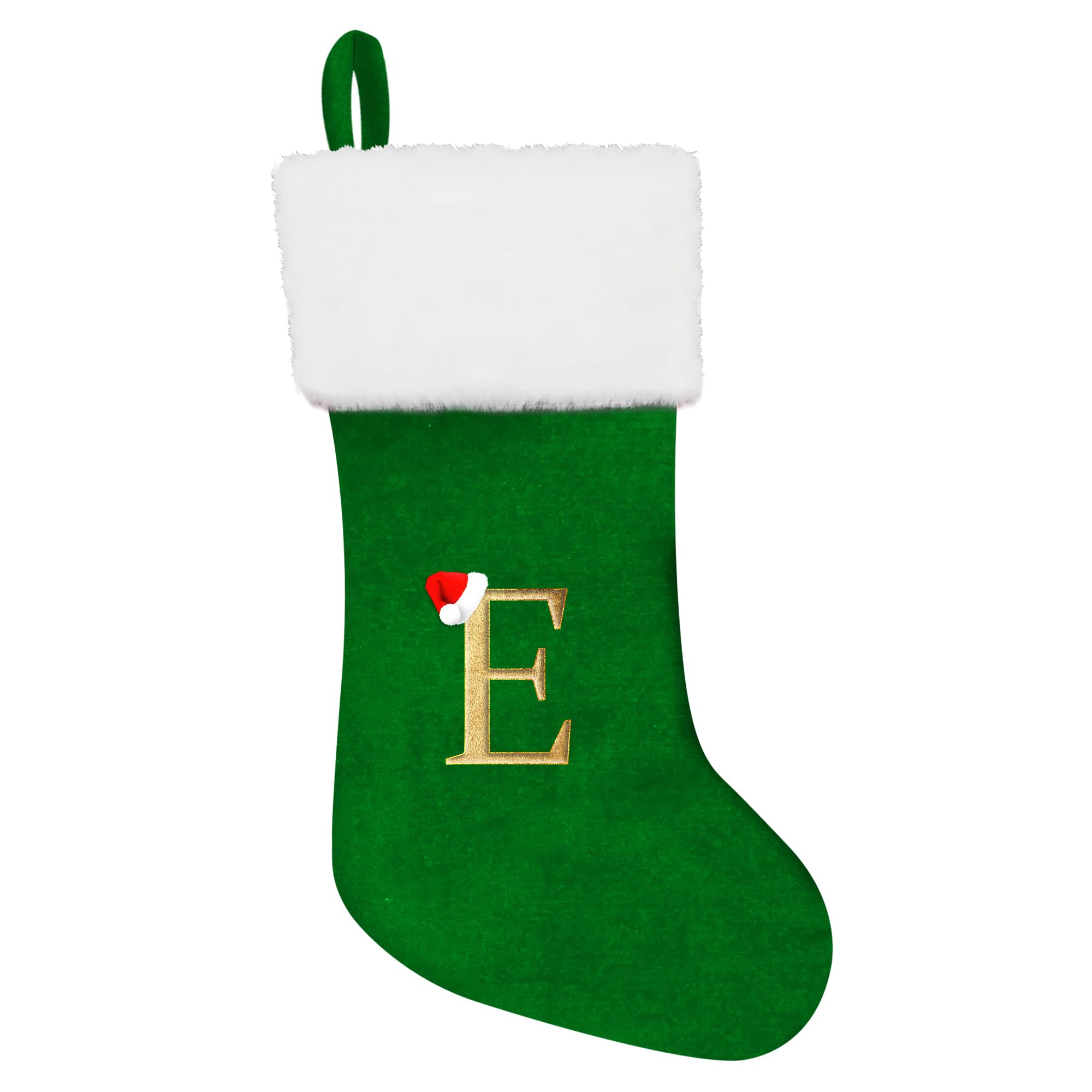 RFAQK Monogram Christmas Stockings with Letter E, 20 Inches Large Green Velvet Super Soft Letter Christmas Stockings Personalized Holder for Xmas
