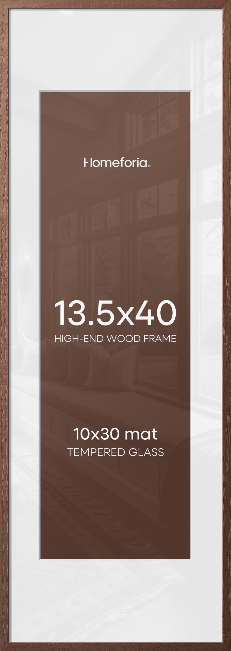 Homeforia 13.5x40 Brown Oak Picture Frame, High-End Wood, 10x30 Mat, Glass | High End Solid Oak Wood, Tempered Glass, Acid-Free 10x30 Removable Mat, 13.5x40 Edge-to-Edge Display, Wall Kit, Set Of 3