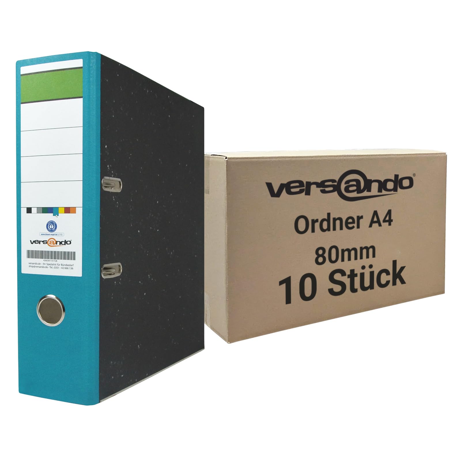 versando 10x breiter Premium Ordner DIN A4 Rücken 8cm Aktenordner Ringordner - Blauer Engel zertifiziert - türkis