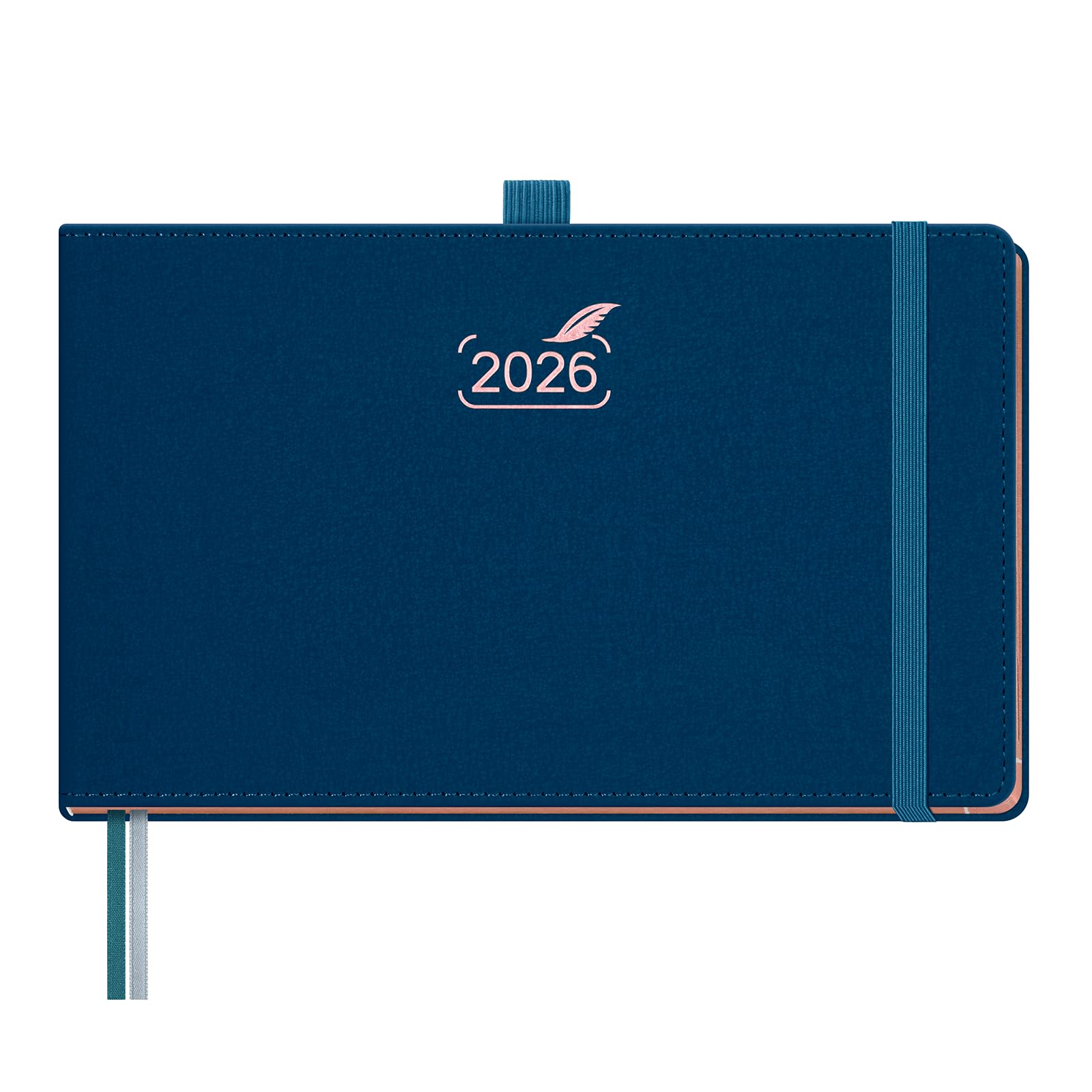 BEZEND Kalender 2026 Buchkalender Querformat 23 x 14 cm - Wochenplaner Vertikal 1 Woche 2 Seiten, Terminplaner 2026 PU-Leder Hardcover mit 100 GSM Papier & Rose Gold Papierkante, Preußisch Blau