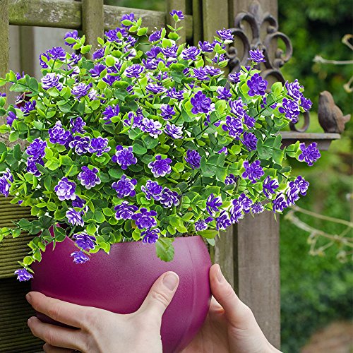 Grunyia 10 Bundles Artificial Fake Flowers, Faux Outdoor Plastic Plants Uv Resistant Shrubs Outside Indoor Decorations (Blue-Eucalyptus) #TOP5