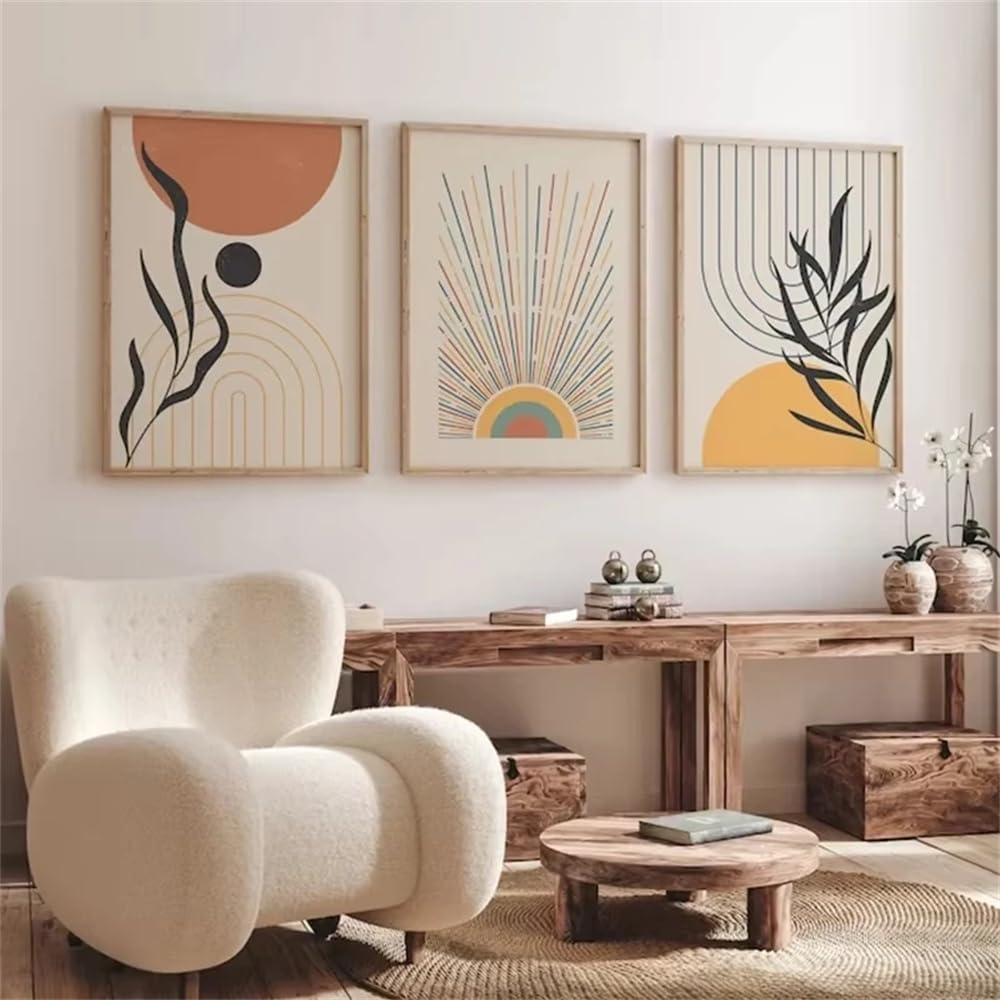 Wbyzac Multicolored Wall Pictures-Bohemian Light Line Geometric Wall Art Colorful Canvas Painting Modern Poster Abstract Plant Leaf Painting Living Room Home Decoration-40 * 50Cm*3Pcs (No Frame)
