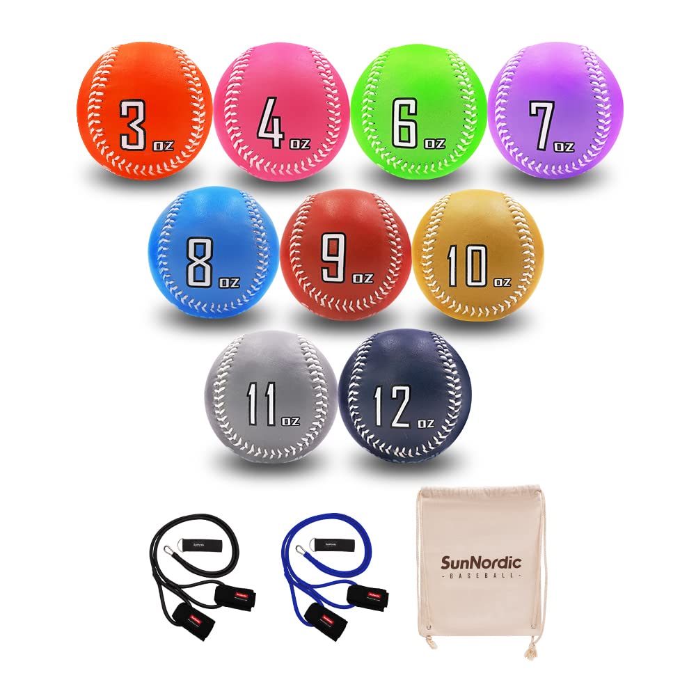 SunNordic Weighted Baseballs Set of 9, Premium Leather Baseball with 25/35/50 Lb Resistance Arm Care Bands for Pitching, Batting Practice, Baseball Weighted Balls for All Skill Levels