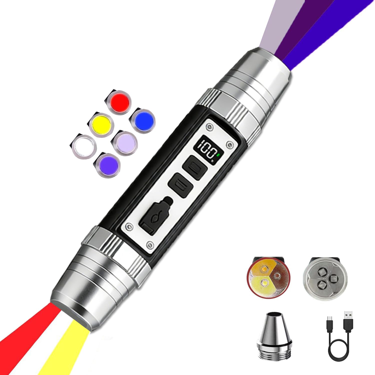 POCKETMAN Six LEDs Rechargeable Flashlight,Variable-Focus,6 in 1 Jade Appraisal Light,Charging Indicator Light,Jewelry Detection,Outdoor,Observation,Camping & Emergency